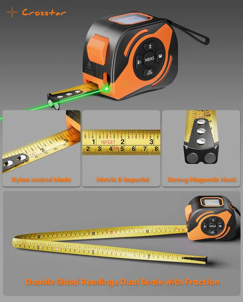 Built Tough 2 In 1 Laser Tape Measure With 197 Foot Range And Bright Green Beam Paired With A Spiffy 16 Foot Dual Sided Manual Tape Featuring Anti Reflective Matte Surface For Crack Free Sight Lines And Serious Job Site Precision