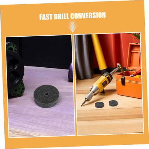 Heavy Duty Nylon Polishing Wheel Set With 10mm Hole For Quick Grinder Attachment on workbench, showing drill conversion.