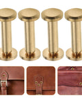 10 Piece Set Of Golden Copper Binding Screws For Scrapbooking And Bookbinding Projects Heavy Duty Craft Rivets close-up of four screws.