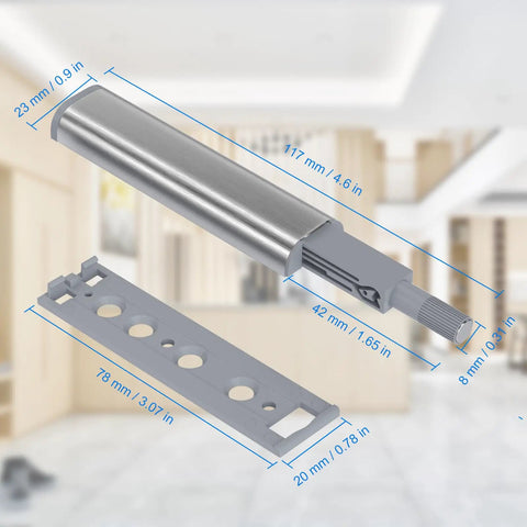 Slick Six Pack Push To Open Cabinet Latches With Integrated Magnetic Springs, showing dimensions and sleek design for kitchen drawers.