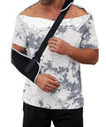 Man wearing Shoulder Surgery Shirt For Men With Easy Snap Front And Side Openings, Ultra Soft Knit Fabric, Short Sleeve, Rotator Cuff Recovery.