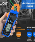 Hand holding Compact Digital Clamp Meter 100A True RMS Multimeter, measuring AC/DC current and voltage, blue and orange design.