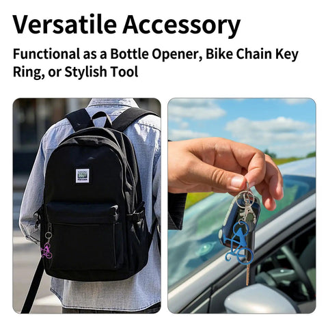 Person holding Six Pack Bicycle Bottle Opener Keychain Kit With Chain Key Ring Tools for Cyclists and Bikers near a car.