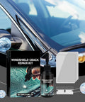 Upgraded Windshield Crack Repair Kit with Nano Glass Repair Liquid for cars and all surfaces, shown with bottles and tool items.