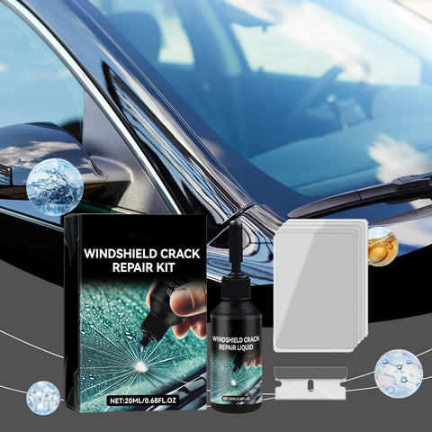 Upgraded Windshield Crack Repair Kit with Nano Glass Repair Liquid for cars and all surfaces, shown with bottles and tool items.