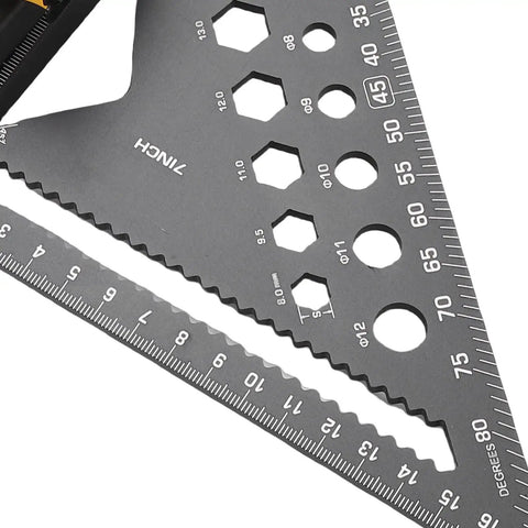 7 Inch Carpenter Square Set With 5 Meter Steel Tape And Belt Loop Aluminum Alloy Rafter Square showing precise angle markings and cutting edges.