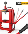 10 Ton Hydraulic Shop Press With Pressure Gauge And Press Plates, H Frame Benchtop Design, shown in red with lever mechanism