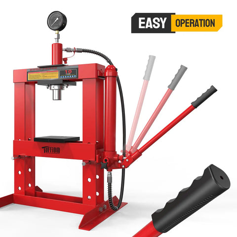 10 Ton Hydraulic Shop Press With Pressure Gauge And Press Plates, H Frame Benchtop Design, shown in red with lever mechanism