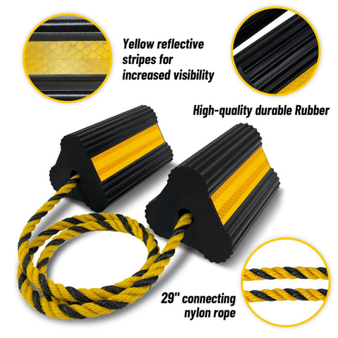 Durable Rubber Wheel Chocks For RV Trailer Camper Truck Car And Aircraft With Rope Two Pair Three Reflective Strips HOXWELL