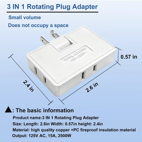 Three Way Flat Wall Outlet Extender With 180 Degree Swivel 2 Prong Type A White Ultra Thin Folding Electrical Outlet Splitter