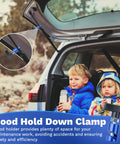 Heavy Duty Aluminum Alloy Car Hood Prop Strut Clamps Pair Delivered With Tough As Nails Hood Support Clips on a car with kids.