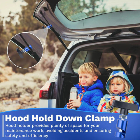 Heavy Duty Aluminum Alloy Car Hood Prop Strut Clamps Pair Delivered With Tough As Nails Hood Support Clips on a car with kids.