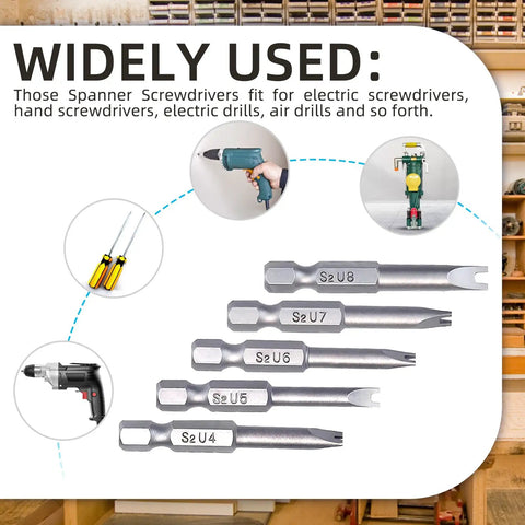 Straight Up Killer S2 Steel Spanner Screwdriver Bit Set 10 Piece Includes U4 U5 U6 U7 U8 Sizes With Hard As Nails Quarter Inch Hex Shank Built Heavy Duty with various bits