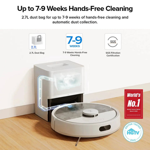 Hands Free Robot Vacuum And Mop With 7-9 Weeks Self Emptying, 10000 Pa Suction, Dual Anti Tangling System in white charging
