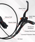 Hydraulic Disc Brake Set For E-Bikes with brake lever, electric cable, oil hose, and 180mm line; labeled components visible.