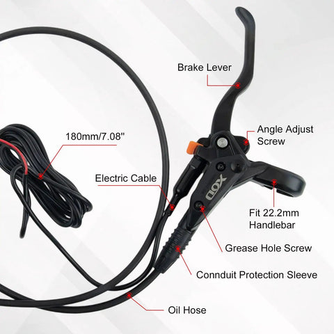 Hydraulic Disc Brake Set For E-Bikes with brake lever, electric cable, oil hose, and 180mm line; labeled components visible.