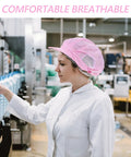 Hella Breathable Anti Static Mesh Work Cap Pink Dustproof Protective Hat on a woman in a lab, ideal for electronics and cleanrooms.