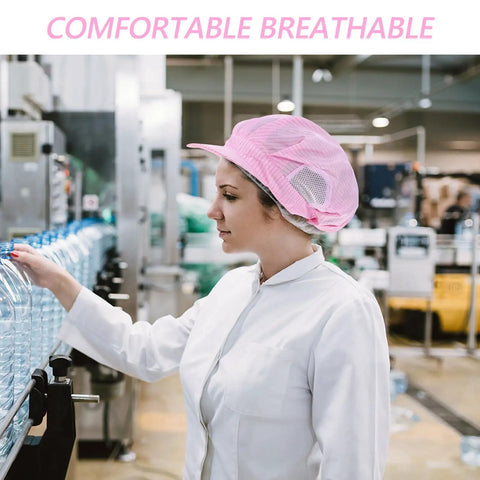 Hella Breathable Anti Static Mesh Work Cap Pink Dustproof Protective Hat on a woman in a lab, ideal for electronics and cleanrooms.