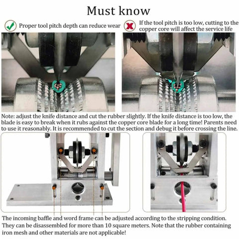 Guide for GfsgHzz 35W Automatic Wire Stripper Machine adjustments, showing tool depth impacts on wire insulation removal.