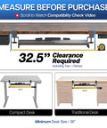 Diagram of under desk keyboard tray installation showing 32.5" clearance with heavy duty clamp for 27 inch sliding keyboard drawer.