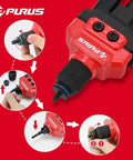 Heavy Duty Rivet Nut Gun Kit With 14 Inch Jaw And 214 Piece Professional Rivnut Tool Set Including 11 Metric Sae Mandrels Plus 200 Premium Rivnuts And Sturdy Storage Case For Auto And Metalworking Jobs red tool close-up with mandrel setup