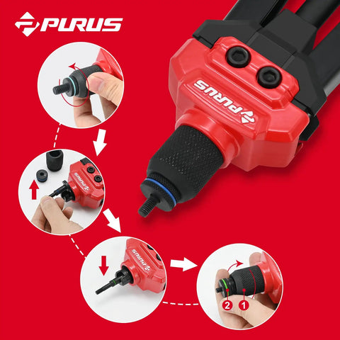 Heavy Duty Rivet Nut Gun Kit With 14 Inch Jaw And 214 Piece Professional Rivnut Tool Set Including 11 Metric Sae Mandrels Plus 200 Premium Rivnuts And Sturdy Storage Case For Auto And Metalworking Jobs red tool close-up with mandrel setup
