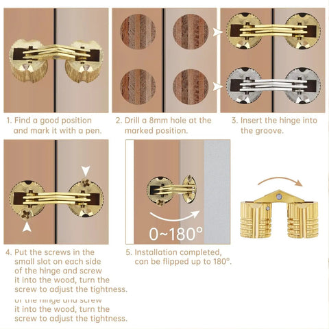 Ten Pack Brass Hidden Cabinet Hinges M8x18mm With Concealed Cylinders, 180 Degree Opening installation steps diagram