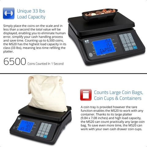Display of MS20 Coin Counting Scale for cash and currency with digital screen showing value and weight, handles coin bags.