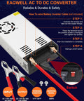 Guidelines for 110V AC To 12V DC Power Converter 600W 50A SMPS Transformer setup with cables and switch view.