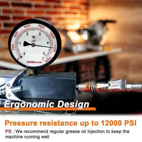 Pressure gauge showing 12000 PSI on One Hand Ready Ultra Compact Locking Grease Gun Coupler With Twelve Inch Flex Hose Twelve Thousand PSI Quick Release One Eighth Inch NPT Fitting Fits All Grease Guns Cleaning Tool Included Built Tough For Tight Spaces
