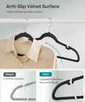 Velvet Non Slip Closet Hangers Pack of 50 With Shoulder Notches for Delicate Straps displaying hanging shirt and upgraded notches