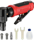 Air Pro Grade Right Angle Die Grinder 1/4 Inch Pneumatic, 20000 RPM, 90 Degree Head with accessories, red and black design.