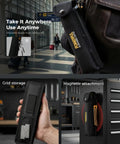 Carrying case for 2 In 1 Wireless Ultrasonic Cutter With AI Auto Cooling System shown attached to bag, in grid storage, and magnetically attached.