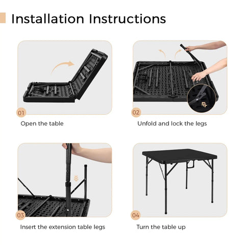 Installation guide for 34 Inch Folding Card Table Square with Detachable Legs, showing setup steps for indoor outdoor use.