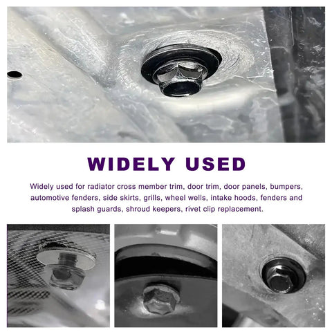 Close-up of 50 Piece M6-1.0 Body Bolts U Nuts Kit With Hex Head Screws showing secure attachment in automotive panel