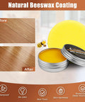 Natural Beeswax Coating before and after comparison with round yellow applicator and metal tin for wood care