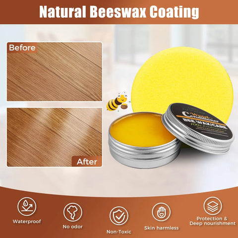Natural Beeswax Coating before and after comparison with round yellow applicator and metal tin for wood care