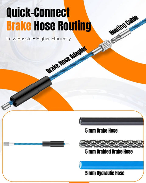 Quick-connect bike brake hose routing cable with adapter, showing 5mm brake hose and hydraulic hose sections.