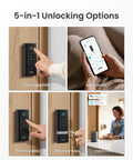 5-in-1 unlocking options for K120 Smart Lock With GPT 3D Fingerprint, smartphone app, and voice control in home setup.