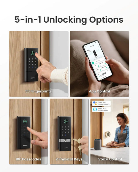 5-in-1 unlocking options for K120 Smart Lock With GPT 3D Fingerprint, smartphone app, and voice control in home setup.