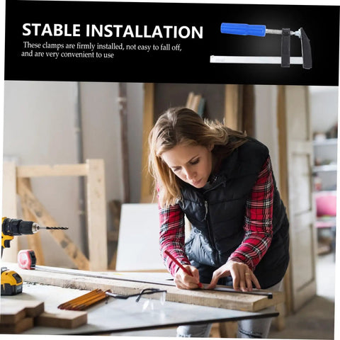 Woman using 4Pcs Woodworking Clamps Set For Quick Fixing And Boss Grip Heavy Duty Carpentry Clips in a workshop