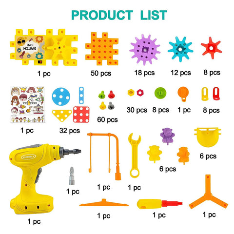 Image showing STEM Gear Building Toys Set With 248 Pieces And Electric Drill, including gears, blocks, drill, and accessories.