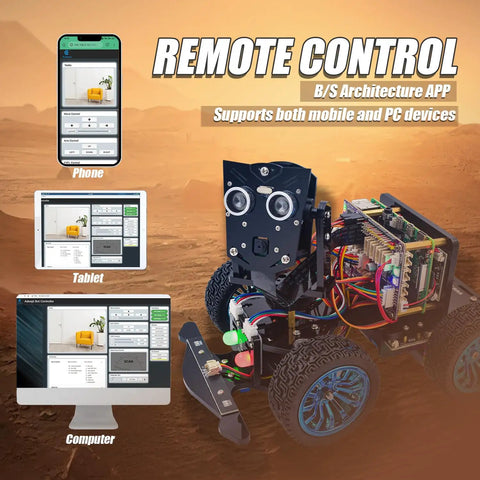 Hands-On Mars Rover PiCar-B Smart Car Kit For Raspberry Pi Series 5, 4B, 3B, 3B Plus Kid-Friendly With Obstacle Avoidance, Line Tracking, Light Tracing, Camera, Voice Commands, Python Coding, And A 309-Page PDF Tutorial remote control with phone, tablet, and computer