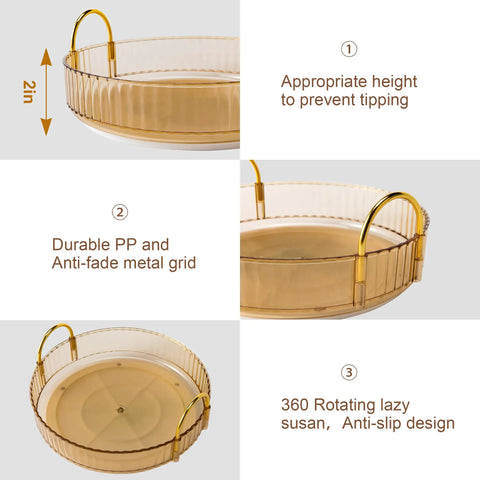 Kick Back And Organize Your Vanity Game With This Smooth Spin 360 Rotating Makeup Organizer Featuring Two Tier High Capacity Storage For Cosmetics Skincare And Perfume In Classic Amber Gold with anti-slip design.