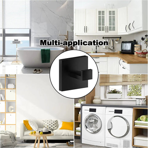 Four scenes showing Six Pack Square Towel Hooks In Matte Black For Bathrooms And Kitchens with hooks emphasized in bathrooms, kitchens, and laundry rooms.