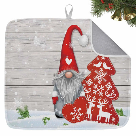 Cozy Christmas Dish Drying Mat For Kitchen Counter With Gnome And Snowflake Wood Grain Design Ultra Absorbent Microfiber Machine Washable 16 By 18 Inches Holiday Counter Pad Kitchen Sink Mat featuring festive gnome and snowflake pattern.