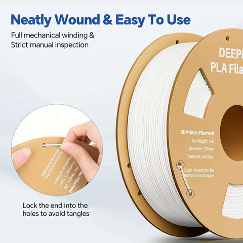 Close-up of white 1.75mm PLA 3D printer filament spool, neatly wound, labeled with specifications, side view with hand securing filament