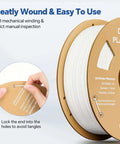 Close-up view of deep-wound white PLA filament spool with lock feature, marked 1.75mm diameter with ±0.02mm tolerance.
