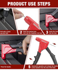 Step-by-step guide showing Arrow Headless Pop Rivet Gun One Handed Automatic Size Adjustment For 1 8 5 32 3 16 Inch Rivets.