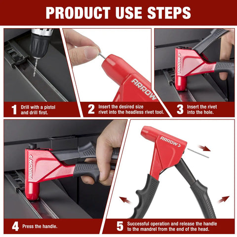 Step-by-step guide showing Arrow Headless Pop Rivet Gun One Handed Automatic Size Adjustment For 1 8 5 32 3 16 Inch Rivets.
